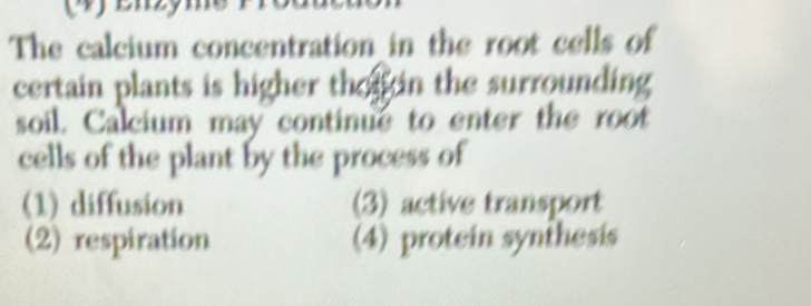 )enzy
The calcium concentration in the root cells of
certain plants is higher thof in the surrounding
soil. Calcium may continue to enter the root
cells of the plant by the process of
(1) diffusion (3) active transport
(2) respiration (4) protein synthesis