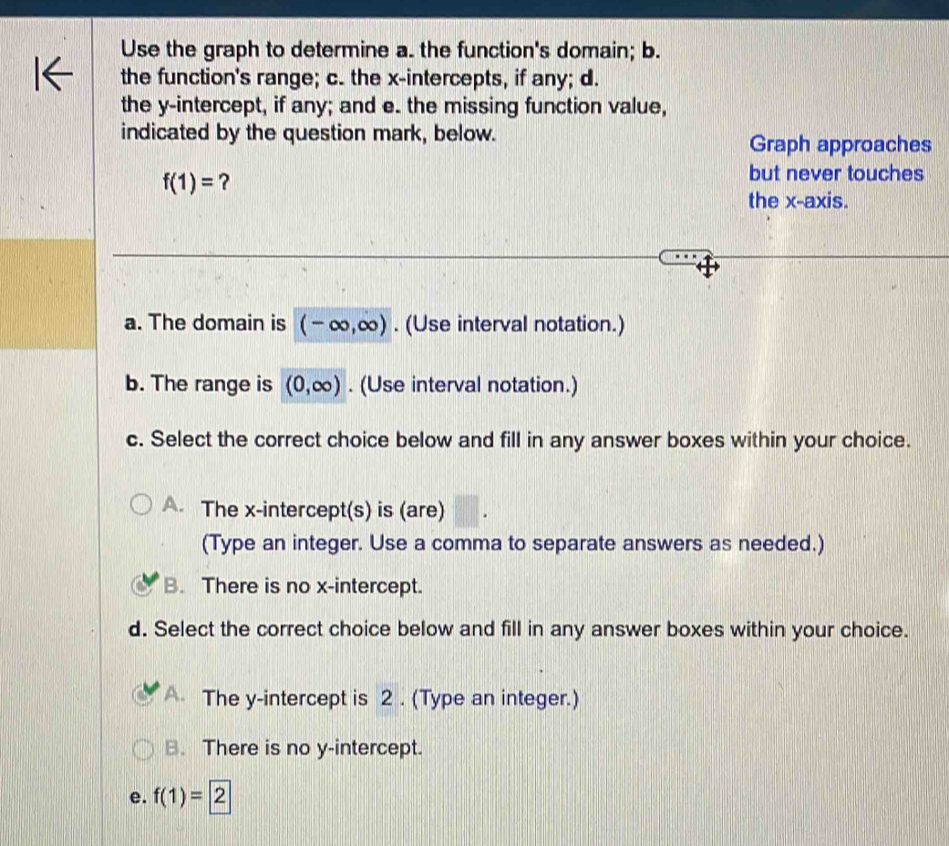 Use the graph to determine a. the function's domain; b.
the function's range; c. the x-intercepts, if any; d.
the y-intercept, if any; and e. the missing function value,
indicated by the question mark, below.
Graph approaches
f(1)= ?
but never touches
the x-axis.
a. The domain is (-∈fty ,∈fty ). (Use interval notation.)
b. The range is (0,∈fty ). (Use interval notation.)
c. Select the correct choice below and fill in any answer boxes within your choice.
A. The x-intercept(s) is (are)
(Type an integer. Use a comma to separate answers as needed.)
B. There is no x-intercept.
d. Select the correct choice below and fill in any answer boxes within your choice.
A. The y-intercept is 2. (Type an integer.)
B. There is no y-intercept.
e. f(1)=2