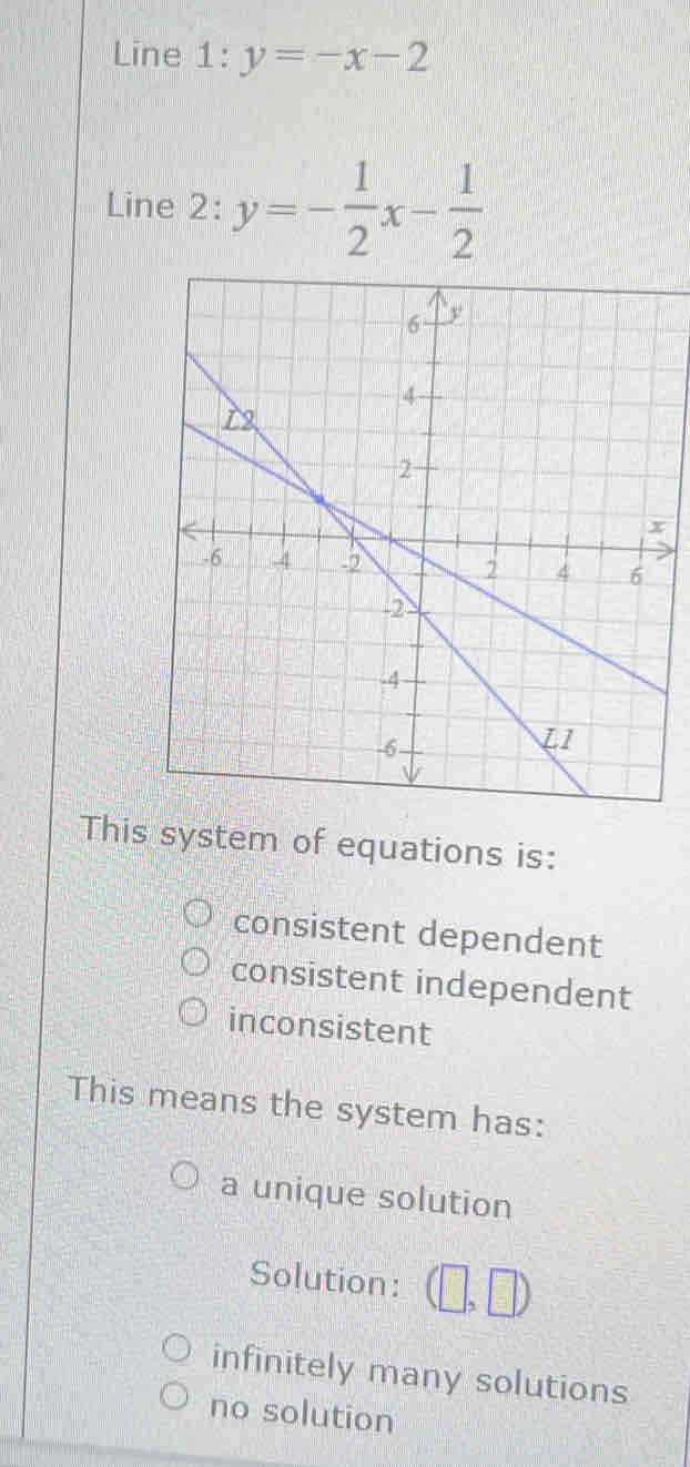 Line 1:y=-x-2
Line 2: y=- 1/2 x- 1/2 
This system of equations is:
consistent dependent
consistent independent
inconsistent
This means the system has:
a unique solution
Solution: (□ ,□ )
infinitely many solutions
no solution