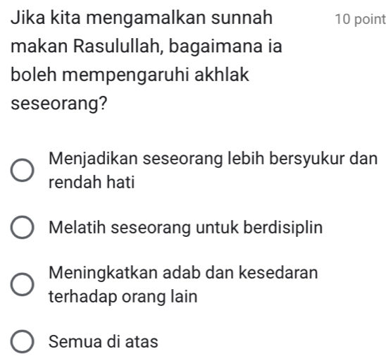 Jika kita mengamalkan sunnah 10 point
makan Rasulullah, bagaimana ia
boleh mempengaruhi akhlak
seseorang?
Menjadikan seseorang lebih bersyukur dan
rendah hati
Melatih seseorang untuk berdisiplin
Meningkatkan adab dan kesedaran
terhadap orang lain
Semua di atas