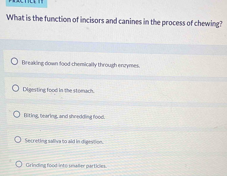 What is the function of incisors and canines in the process of chewing?
Breaking down food chemically through enzymes.
Digesting food in the stomach.
Biting, tearing, and shredding food.
Secreting saliva to aid in digestion.
Grinding food into smaller particles.