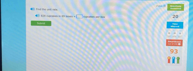 Video D Questions 
Find the unit rate. answered
828 cupcakes in 69 boxes =□ cupcakes per box
20
Submit 
elapsed Time 
∞ 08 16 
MTN SEC 
SmartScore out of 100
93