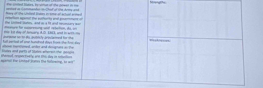 Aonram anzon, Presisent o: Strengths: 
the United States, by virtue of the power in me 
vested as Commander-In-Chief of the Army and 
Navy of the United States in time of actual armed 
rebellion against the authority and government of 
the United States, and as a fit and necessary war 
measure for suppressing said rebellion, do, on 
this 1st day of January, A.D. 1863, and in with my 
purpose so to do, publicly proclaimed for the Weaknesses: 
full period of one hundred days from the first day
above mentioned, order and designate as the 
States and parts of States wherein the people 
thereof, respectively, are this day in rebellion 
against the United States the following, to wit"