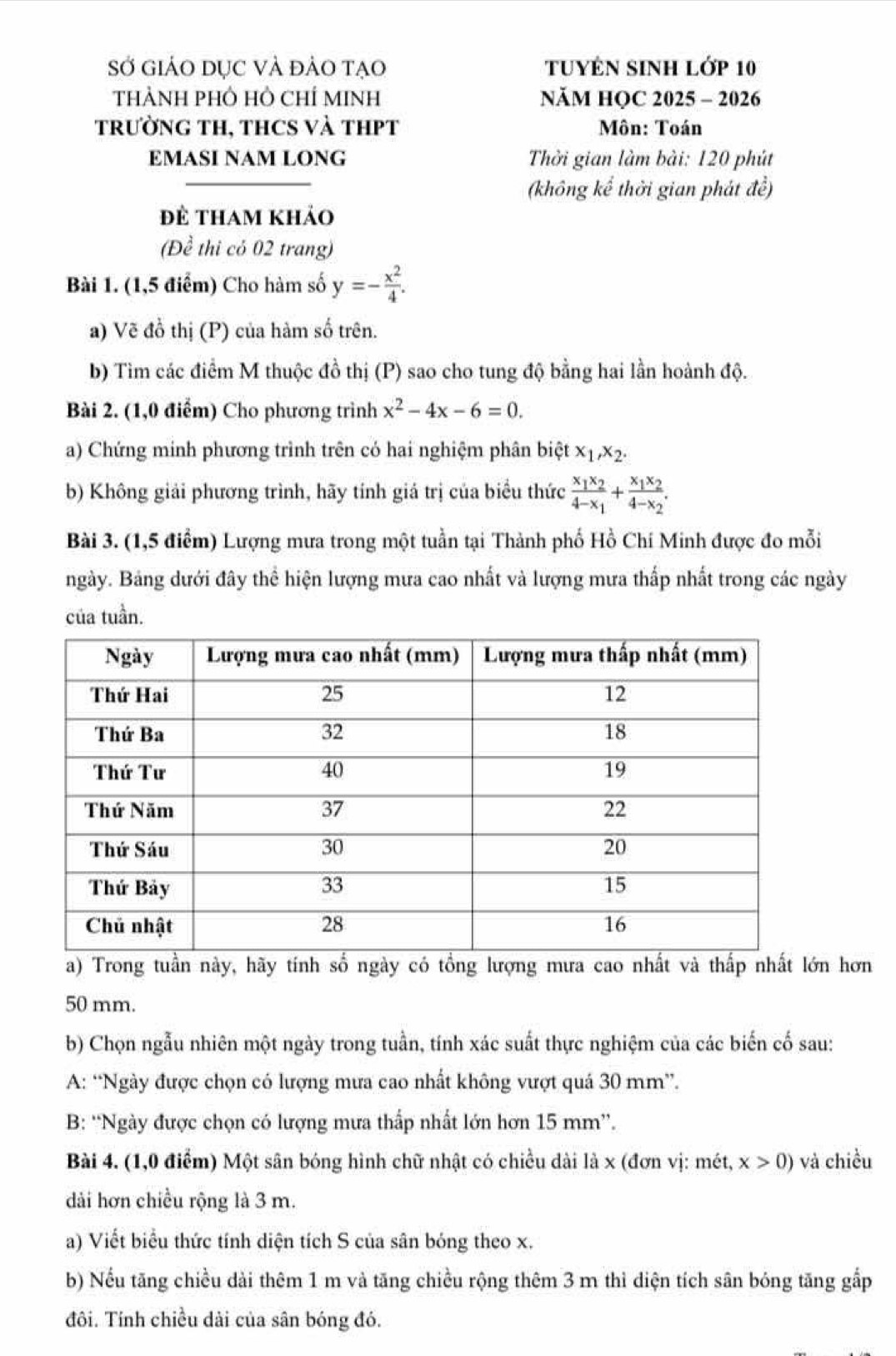 Sở GiáO dục và đảo tạo tuyêN SinH Lớp 10
THẢNH PHÔ HÒ ChÍ MINH NăM HQC 2025 - 2026
trưỜnG TH, THCS Và tHPT  Môn: Toán
EMASI NAM LONG  Thời gian làm bài: 120 phút
(không kể thời gian phát đề)
để tham khảo
(Để thi cỏ 02 trang)
Bài 1. (1,5 điểm) Cho hàm số y=- x^2/4 .
a) Vẽ đồ thị (P) của hàm số trên.
b) Tìm các điểm M thuộc đồ thị (P) sao cho tung độ bằng hai lần hoành độ.
Bài 2. (1,0 điểm) Cho phương trình x^2-4x-6=0.
a) Chứng minh phương trình trên có hai nghiệm phân biệt x_1,x_2.
b) Không giải phương trình, hãy tính giá trị của biểu thức frac x_1x_24-x_1+frac x_1x_24-x_2.
Bài 3. (1,5 điểm) Lượng mưa trong một tuần tại Thành phố Hồ Chí Minh được đo mỗi
ngày. Bảng dưới đây thể hiện lượng mưa cao nhất và lượng mưa thấp nhất trong các ngày
của tuần.
a) Trong tuần này, hãy tính số ngày có tổng lượng mưa cao nhất và thấp nhất lớn hơn
50 mm.
b) Chọn ngẫu nhiên một ngày trong tuần, tính xác suất thực nghiệm của các biến cố sau:
A: “Ngày được chọn có lượng mưa cao nhất không vượt quá 30 mm”.
B: “Ngày được chọn có lượng mưa thấp nhất lớn hơn 15 mm”.
Bài 4. (1,0 điểm) Một sân bóng hình chữ nhật có chiều dài là x (đơn vị: mét, x>0) và chiều
dài hơn chiều rộng là 3 m.
a) Viết biểu thức tính diện tích S của sân bóng theo x.
b) Nếu tăng chiều dài thêm 1 m và tăng chiều rộng thêm 3 m thì diện tích sân bóng tăng gấp
đôi. Tính chiều dài của sân bóng đó.