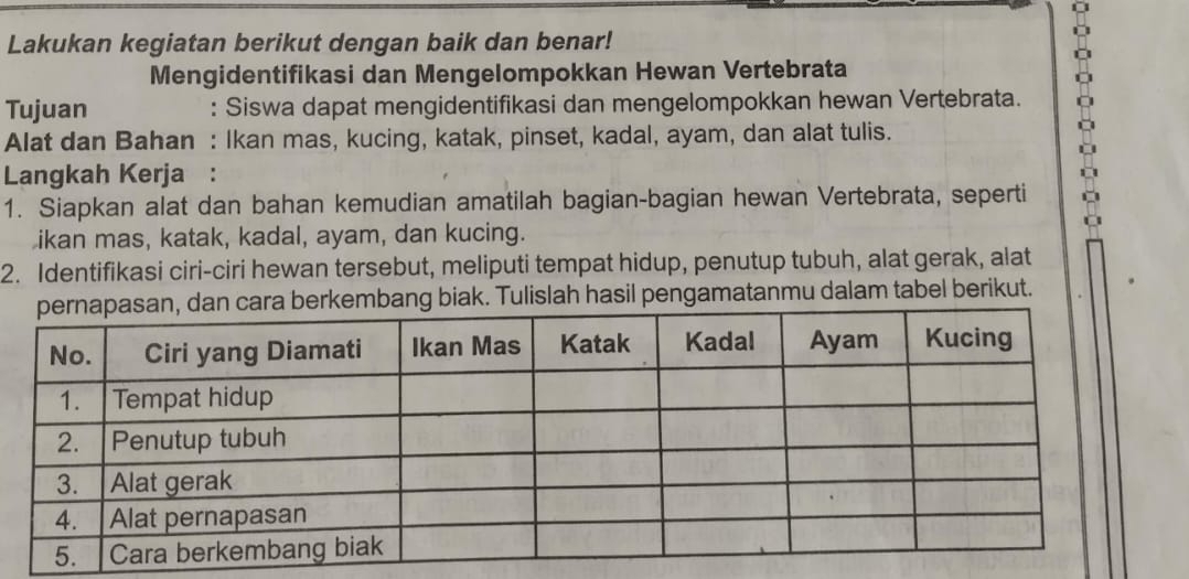 Lakukan kegiatan berikut dengan baik dan benar! 
Mengidentifikasi dan Mengelompokkan Hewan Vertebrata 
Tujuan : Siswa dapat mengidentifikasi dan mengelompokkan hewan Vertebrata. 
Alat dan Bahan : Ikan mas, kucing, katak, pinset, kadal, ayam, dan alat tulis. 
Langkah Kerja : 
1. Siapkan alat dan bahan kemudian amatilah bagian-bagian hewan Vertebrata, seperti 
ikan mas, katak, kadal, ayam, dan kucing. 
2. Identifikasi ciri-ciri hewan tersebut, meliputi tempat hidup, penutup tubuh, alat gerak, alat 
berkembang biak. Tulislah hasil pengamatanmu dalam tabel berikut.