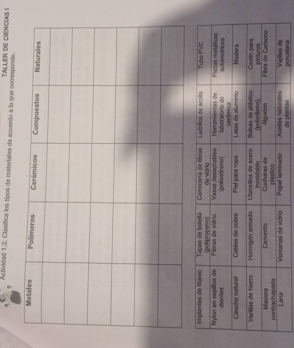 TALLER DE CIENCIAS I 
Actividad 1.2. Clasifica los tipos de materiales de acuerdo a lo que corresponde. 
?