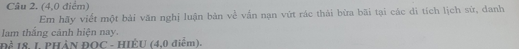 (4,0 điểm) 
Em hãy viết một bài văn nghị luận bàn về vấn nạn vứt rác thải bừa bãi tại các di tích lịch sử, danh 
lam thắng cảnh hiện nay. 
Đề 18. L. PHẢN ĐOC - HIÊU (4,0 điểm).