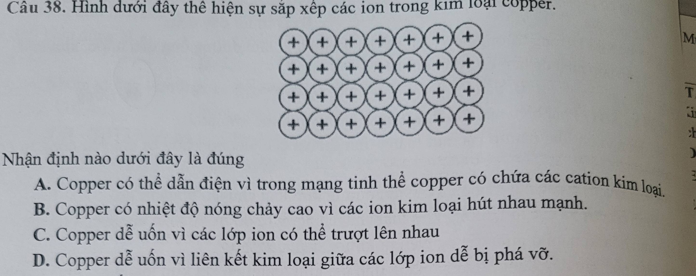 Hình dưới đây thể hiện sự sắp xếp các ion trong kim loại copper.
M
T
:
Nhận định nào dưới đây là đúng
)
A. Copper có thể dẫn điện vì trong mạng tinh thể copper có chứa các cation kim loại.
B. Copper có nhiệt độ nóng chảy cao vì các ion kim loại hút nhau mạnh.
C. Copper dễ uốn vì các lớp ion có thể trượt lên nhau
D. Copper dễ uốn vì liên kết kim loại giữa các lớp ion dễ bị phá vỡ.