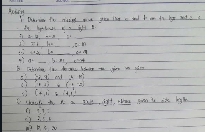 Solved: Activity A. Determine the missing value given that a and b are ...