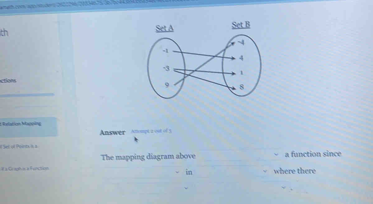 th 
actions 
1 Relation Mapoing 
Answer Atcmpt 2 out of 5 
If Set of Points is a 
The mapping diagram above _a function since 
Il a Graph is a Function 
in where there