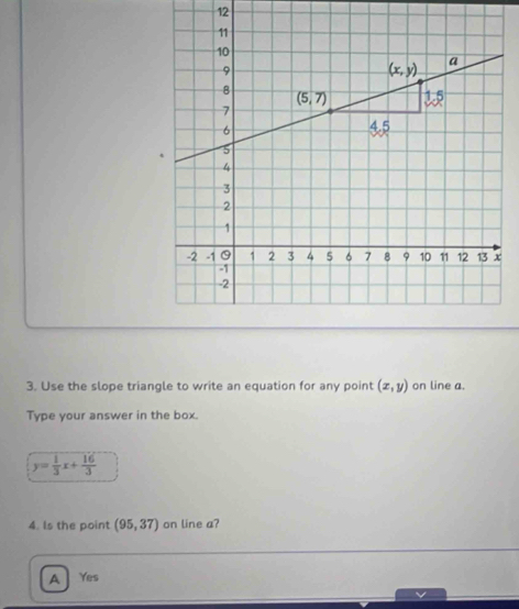 12
3. Use the slope triangle to write an equation for any point (x,y) on line a.
Type your answer in the box.
y= 1/3 x+ 16/3 
4. Is the point (95,37) on line a?
A Yes