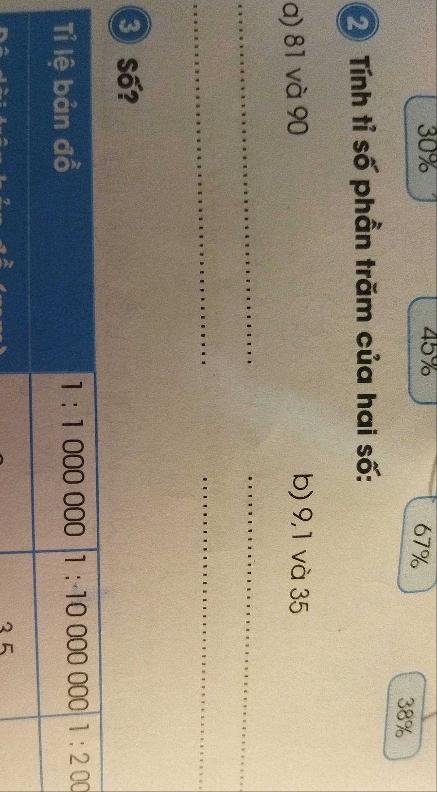 30% 45% 67%
38%
Tính tỉ số phần trăm của hai số: 
a) 81 và 90
b) 9,1 và 35
__ 
_ 
_ 
❸ Số? 
Tỉ lệ bản đồ
1:1000000 1:10000 000 1:200
2 5