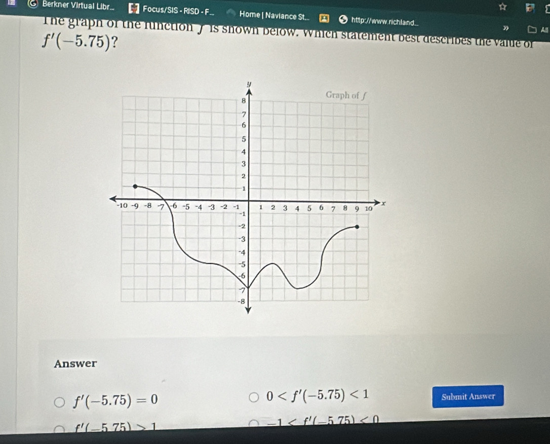 ☆
Berkner Virtual Libr... Focus/SIS - RISD - F Home | Naviance St... http://www.richland_ ”
All
The graph of the function7 is shown below. Which statement best describes the value of
f'(-5.75) ?
Answer
0 <1</tex>
f'(-5.75)=0 Submit Answer
f'(-575)>1
-1