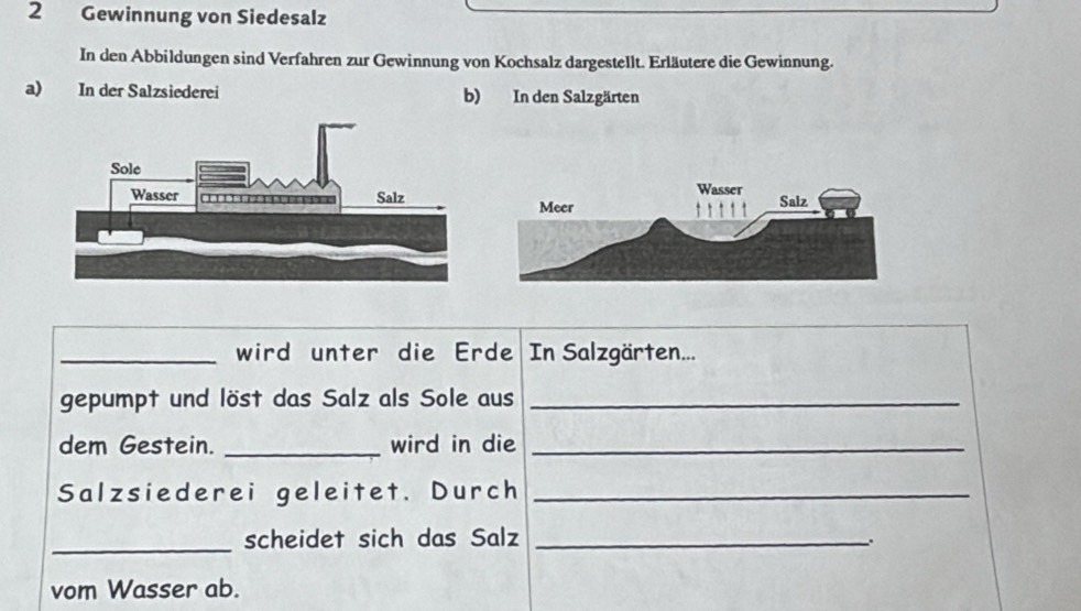 Gewinnung von Siedesalz 
In den Abbildungen sind Verfahren zur Gewinnung von Kochsalz dargestellt. Erläutere die Gewinnung. 
a) In der Salzsiederei b) In den Salzgärten 
_wird unter die Erde In Salzgärten... 
gepumpt und löst das Salz als Sole aus_ 
dem Gestein. _wird in die_ 
Salzsiederei geleitet. Durch_ 
_ 
scheidet sich das Salz_ 
vom Wasser ab.