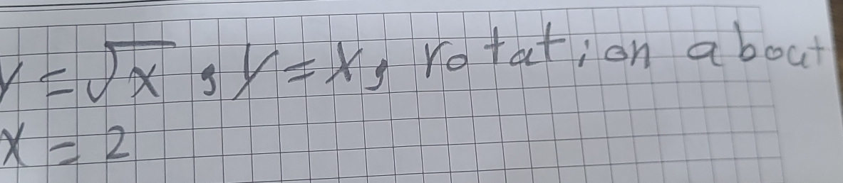 y=sqrt(x), y=x rotation about
x=2