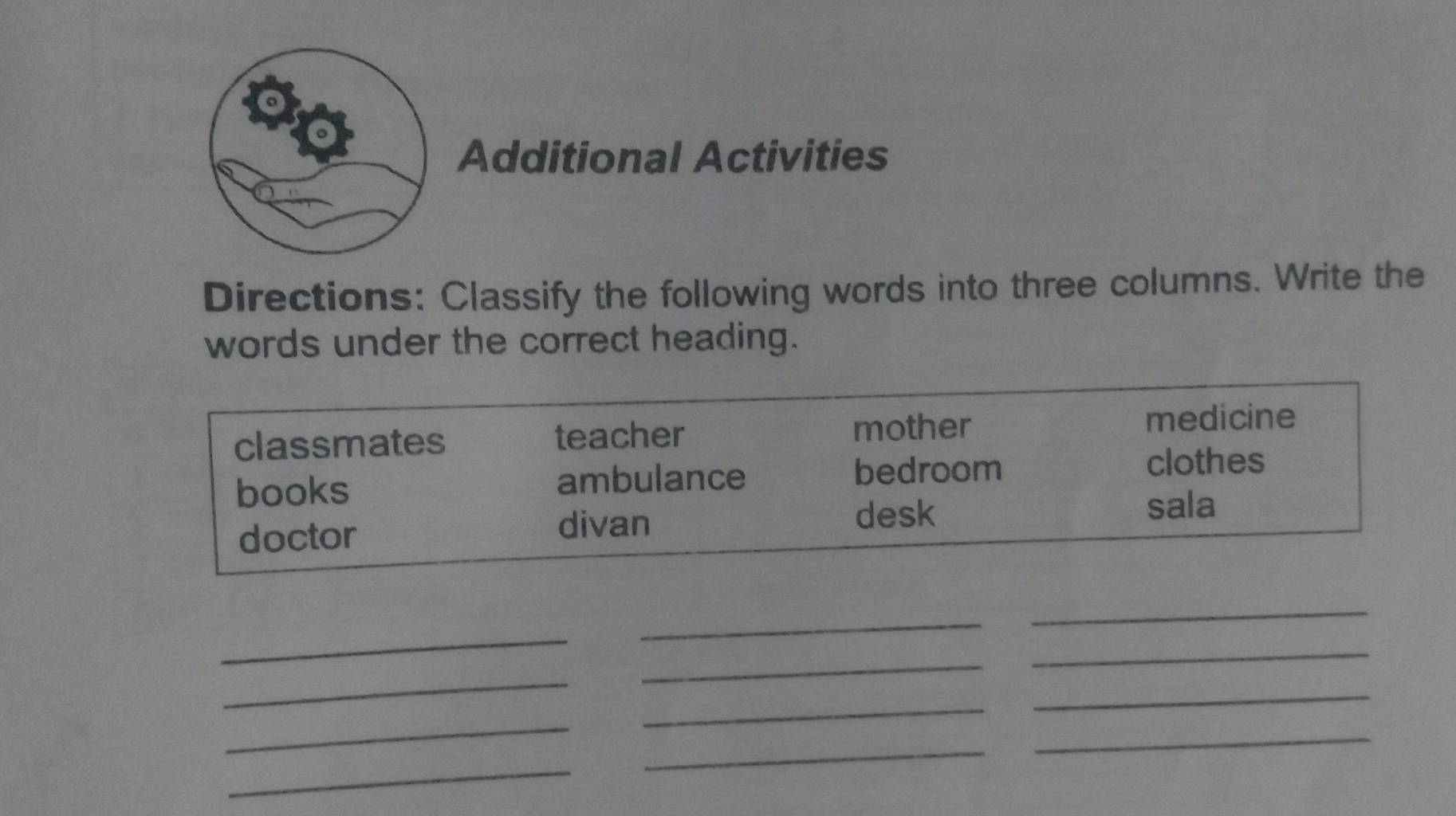 Additional Activities 
Directions: Classify the following words into three columns. Write the 
words under the correct heading. 
classmates teacher mother 
medicine 
books ambulance bedroom 
clothes 
doctor divan 
desk 
sala 
_ 
_ 
_ 
_ 
_ 
_ 
_ 
_ 
_ 
_ 
_ 
_