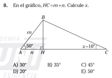 En el gráfico, HC=m+n. Calcule x.
DEMIA
A) 30° B) 35° C) 45°
D) 20° E) 50°