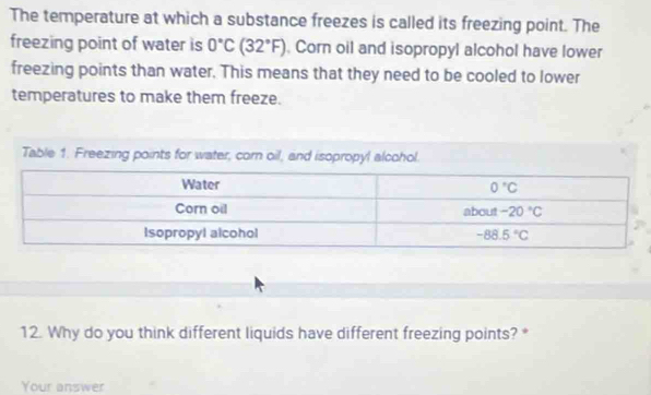 The temperature at which a substance freezes is called its freezing point. The
freezing point of water is 0°C(32°F). Corn oil and isopropyl alcohol have lower
freezing points than water. This means that they need to be cooled to lower
temperatures to make them freeze.
12. Why do you think different liquids have different freezing points? *
Your answer