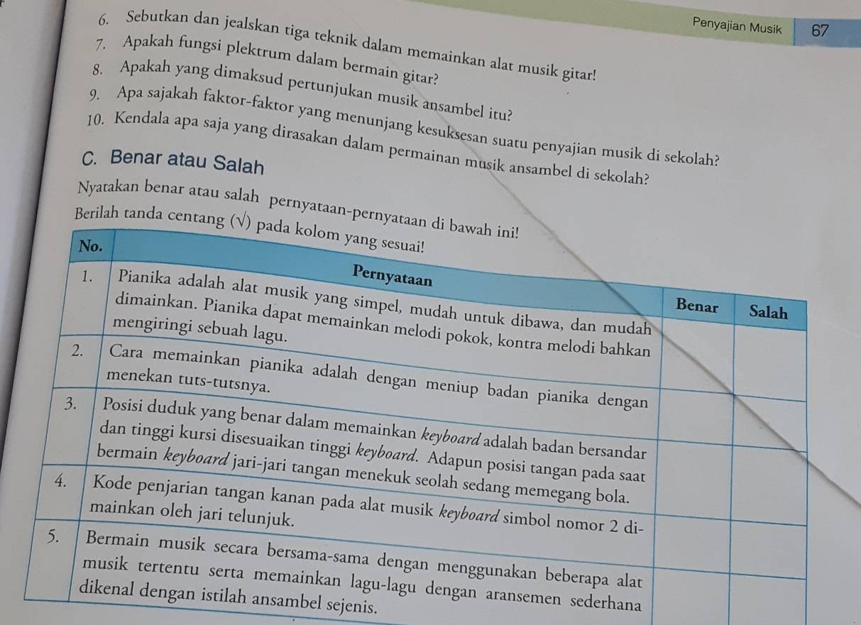 Penyajian Musik 67 
6. Sebutkan dan jealskan tiga teknik dalam memainkan alat musik gitar! 
7. Apakah fungsi plektrum dalam bermain gitar? 
8. Apakah yang dimaksud pertunjukan musik ansambel itu? 
9. Apa sajakah faktor-faktor yang menunjang kesuksesan suatu penyajian musik di sekolah? 
10. Kendala apa saja yang dirasakan dalam permainan musik ansambel di sekolah? 
C. Benar atau Salah 
Nyatakan benar atau salah pernyataan-p 
Berilah tand 
hana 
el sejenis.