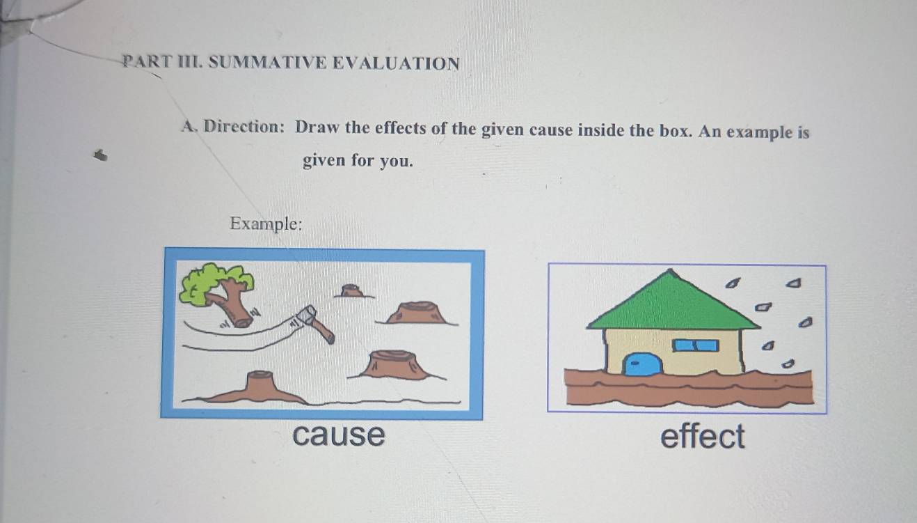 PART III. SUMMATIVE EVALUATION 
A. Direction: Draw the effects of the given cause inside the box. An example is 
given for you. 
Example: 
cause effect