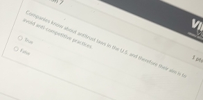 avold anti-competitive practices
Bue
sempanies know about antitrust laws in the U.S. and therefore their alm is
False
1pes