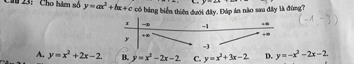 y=2x
Câu 23: Cho hàm số y=ax^2+bx+c có bảng biến thiên dưới đây. Đáp án nào sau đây là đúng?
A. y=x^2+2x-2. B. y=x^2-2x-2. C. y=x^2+3x-2. D. y=-x^2-2x-2.