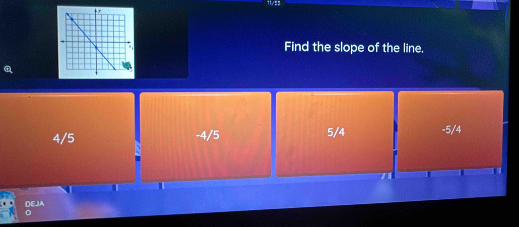 11/53
Find the slope of the line.
4/5 -4/5 5/4 -5/4
DEJA