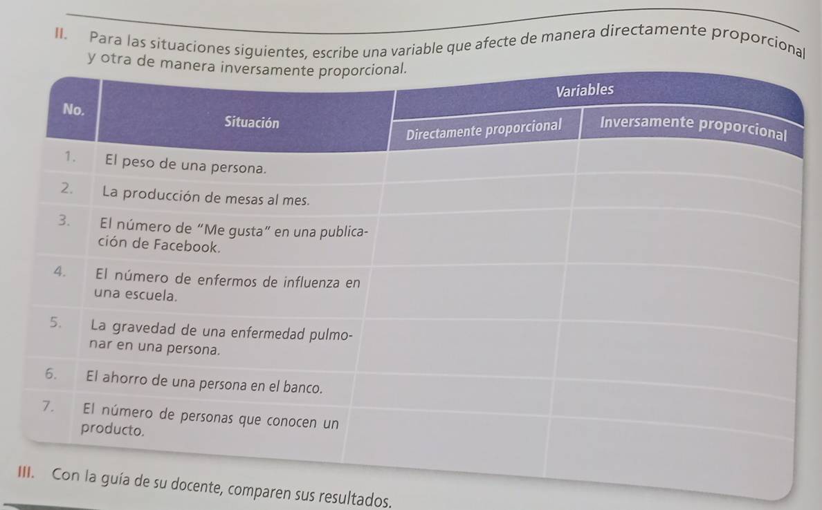 Para las situaciones siguientes, escribe una variable que afecte de manera directamente proporcional 
IIente, comparen sus resultados.