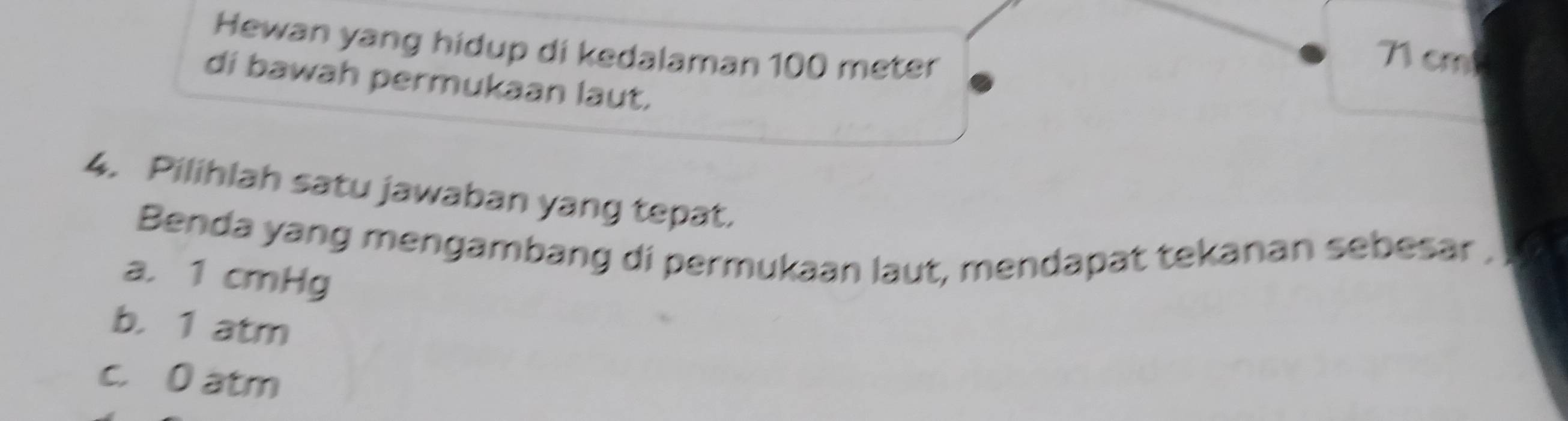 Hewan yang hidup di kedalaman 100 meter
T cm
di bawah permukaan laut.
4. Pilihlah satu jawaban yang tepat.
Benda yang mengambang di permukaan laut, mendapat tekanan sebesar .
a. 1 cmHg
b. 1 atm
c. 0 atm