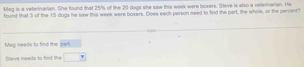 Meg is a veterinarian. She found that 25% of the 20 dogs she saw this week were boxers. Steve is also a veterinarian. He
found that 3 of the 15 dogs he saw this week were boxers. Does each person need to find the part, the whole, or the percent?
Meg needs to find the part.
Steve needs to find the □