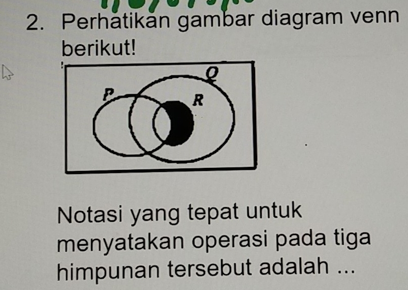 Perhătikăn gambar diagram venn 
berikut! 
Notasi yang tepat untuk 
menyatakan operasi pada tiga 
himpunan tersebut adalah ...