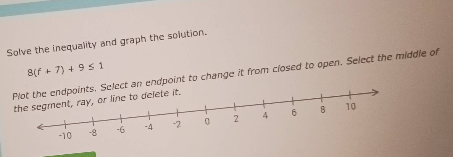 Solve the inequality and graph the solution.
8(f+7)+9≤ 1
lect an endpoint to change it from closed to open. Select the middle of