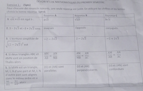 DEVoIR N°1 DE MATHEMATIqUEs dU PREMIER SEMESTRE
Exercice 1 ： (5pts
Pour chacune des énoncés suivants, une seule réponse est juste. En utilisant les chiffres et les lettres