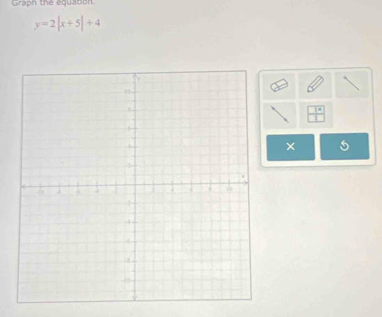 Graph the equation.
y=2|x+5|+4
 7x/2 
×