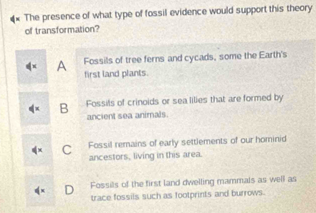 The presence of what type of fossil evidence would support this theory
of transformation?
x A Fossils of tree ferns and cycads, some the Earth's
first land plants.
M B Fossils of crinoids or sea lilies that are formed by
ancient sea animals.
C Fossil remains of early settlements of our hominid
ancestors, living in this area.
x D Fossils of the first land dwelling mammals as well as
trace fossils such as footprints and burrows.