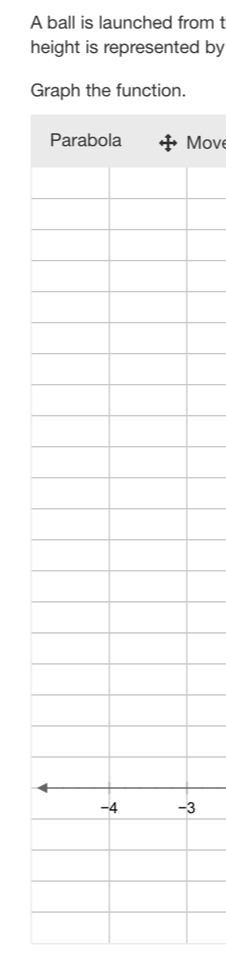 A ball is launched from t 
height is represented by 
Graph the function. 
Parabola Move
-4 -3