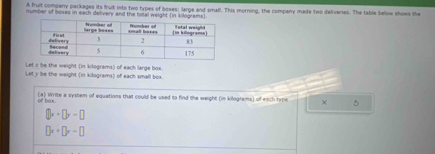 A fruit company packages its fruit into two types of boxes: large and small. This morning, the company made two deliveries. The table below shows the
number of boxes in each delivery and the total weight (in kilograms).
Let x be the weight (in kilograms) of each large box.
Let y be the weight (in kilograms) of each small box.
of box. (a) Write a system of equations that could be used to find the weight (in killograms) of each type × 5
□ x+□ y=□
□ x+□ y=□