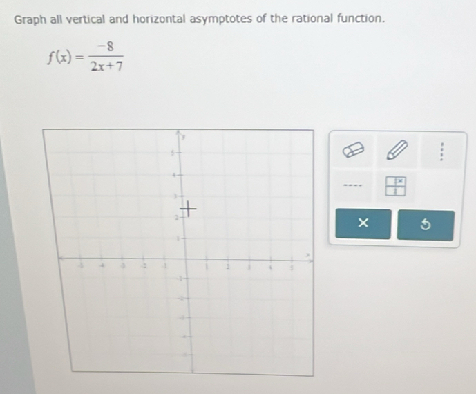 Graph all vertical and horizontal asymptotes of the rational function.
f(x)= (-8)/2x+7 
 x/1 
× 5