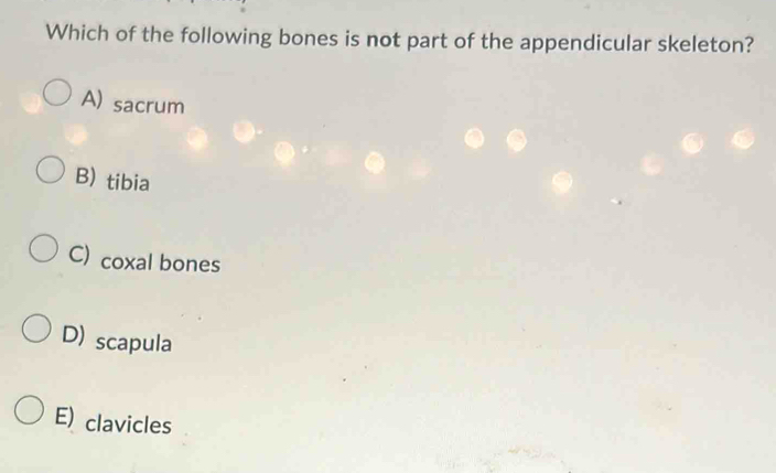 Which of the following bones is not part of the appendicular skeleton?
A) sacrum
B) tibia
C) coxal bones
D) scapula
E) clavicles