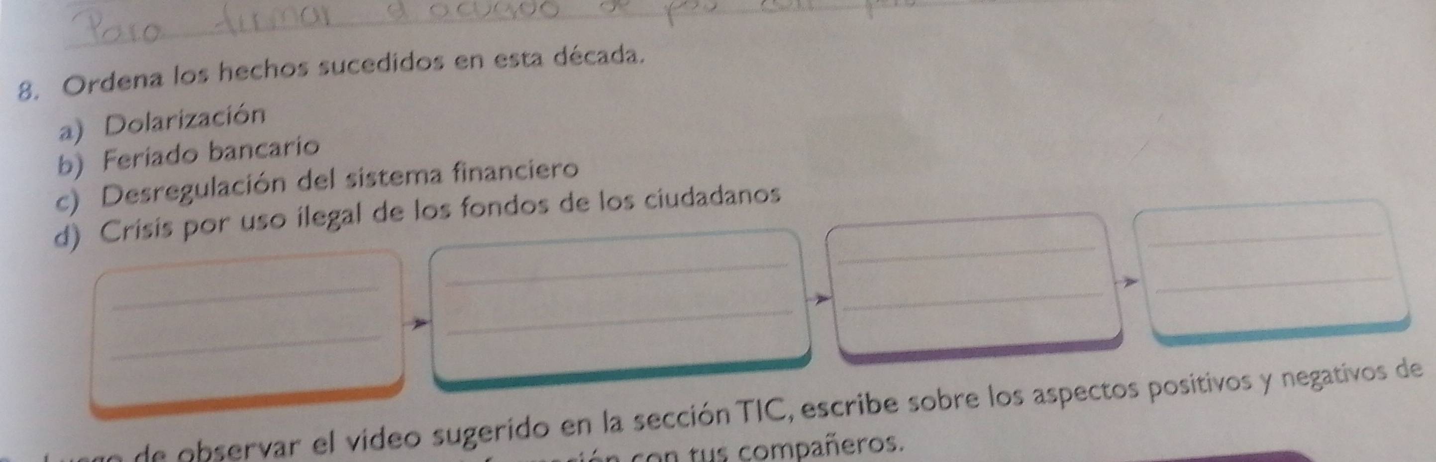 Ordena los hechos sucedidos en esta década. 
a) Dolarización 
b) Feriado bancario 
c) Desregulación del sistema financiero 
_ 
d) Crisis por uso ilegal de los fondos de los ciudadanos_ 
_ 
_ 
_ 
_ 
_ 
_ 
de observar el video sugerido en la sección TIC, escribe sobre los aspectos positivos y negativos de 
con tus compañeros.