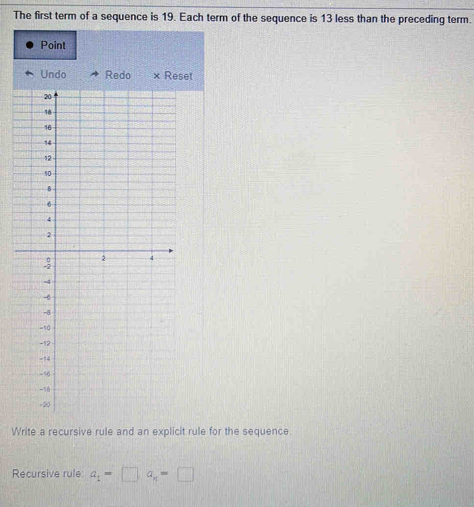 The first term of a sequence is 19. Each term of the sequence is 13 less than the preceding term. 
Point 
set 
Write a recursive rule and an explicit rule for the sequence. 
Recursive rule: a_1=□ a_x=□