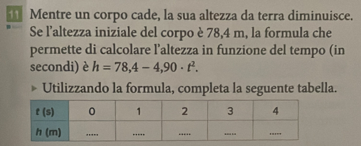 Mentre un corpo cade, la sua altezza da terra diminuisce.
Se l’altezza iniziale del corpo è 78,4 m, la formula che
permette di calcolare l’altezza in funzione del tempo (in
secondi) è h=78,4-4,90· t^2.
Utilizzando la formula, completa la seguente tabella.