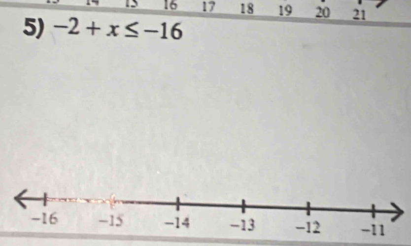 16 17 18 19 20 21
5) -2+x≤ -16