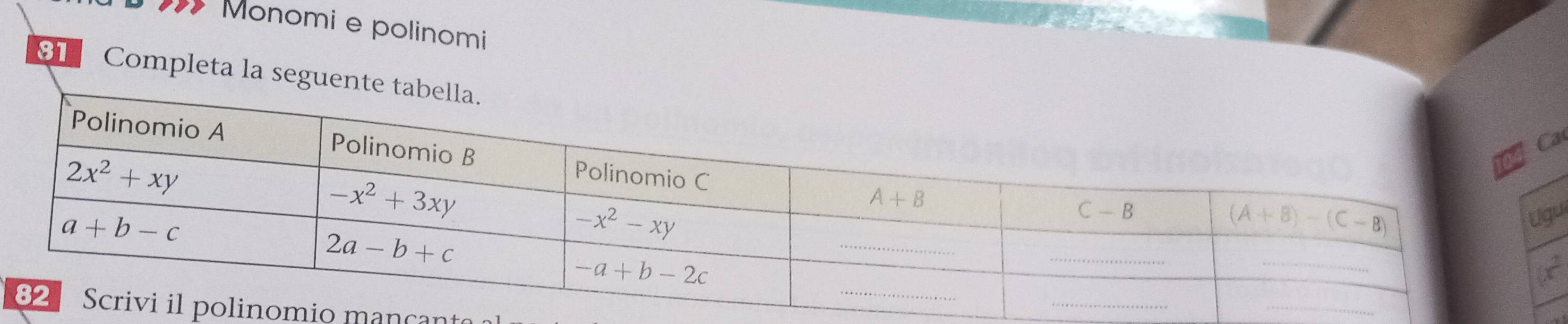 Monomi e polinomi
81 Completa la segue
a
u
io mançant