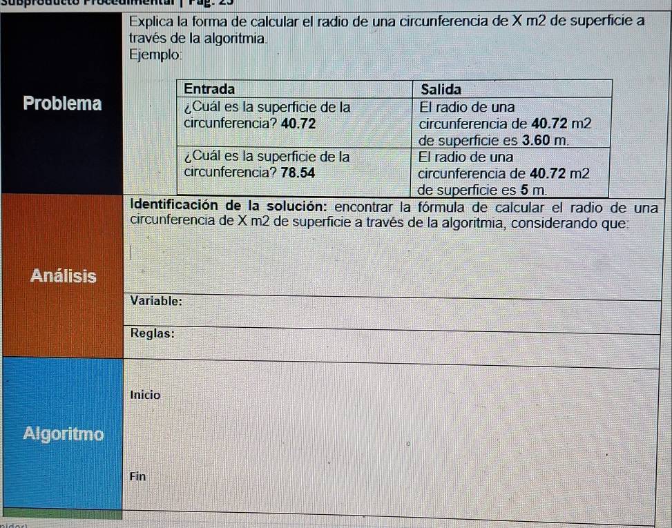 Subproducto Proceumental 
Explica la forma de calcular el radio de una circunferencia de X m2 de superficie a 
través de la algoritmia. 
Ejemplo: 
Problema 
Identificación de la solución: encontrar la fórmula de calcular el radio de una 
circunferencia de X m2 de superficie a través de la algoritmia, considerando que: 
Análisis 
Variable: 
Reglas: 
Inicio 
Algoritmo 
Fin