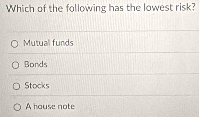 Which of the following has the lowest risk?
Mutual funds
Bonds
Stocks
A house note