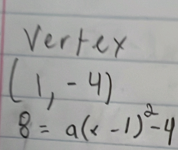 Vertex
(1,-4)
8=a(x-1)^2-4