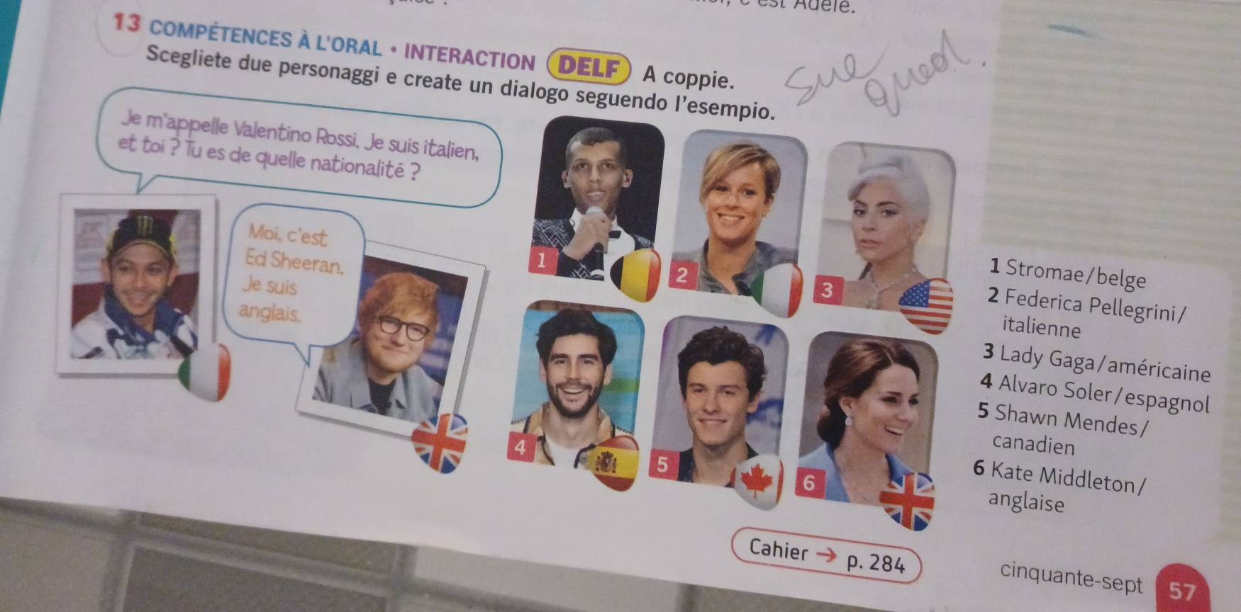 COMPÉTENCES À L'ORAL • INTERACTION (DELF) A coppie.
Scegliete due personaggi e create un dialogo seguendo l’esempio.
Je m'appelle Valentino Rossi. Je suis italien,
et toi ? Tu es de quelle nationalité ?
Moi, c'est 2
Ed Sheeran.
1 Stromae/belge
Je suis 3
2 Federica Pellegrini/
anglais.
italienne
3 Lady Gaga/américaine
4 Alvaro Soler/espagnol
5 Shawn Mendes/
canadien
5
6 Kate Middleton/
6 anglaise
Cahier p. 284
cinquante-sept 57