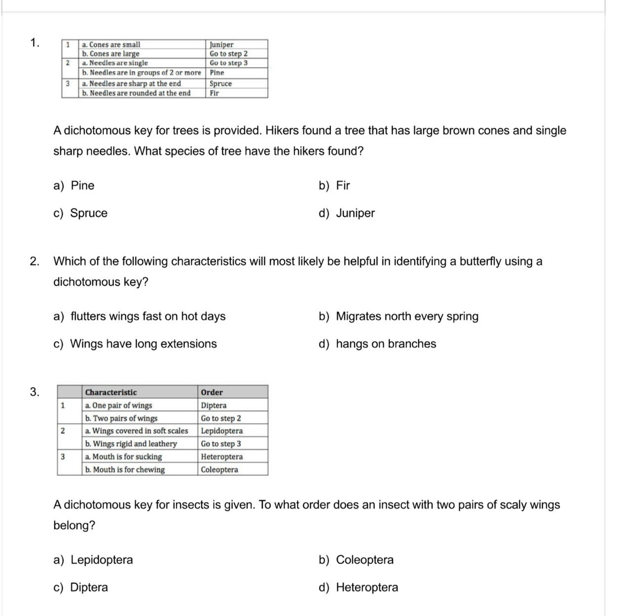 A dichotomous key for trees is provided. Hikers found a tree that has large brown cones and single
sharp needles. What species of tree have the hikers found?
a) Pine b) Fir
c) Spruce d) Juniper
2. Which of the following characteristics will most likely be helpful in identifying a butterfly using a
dichotomous key?
a) flutters wings fast on hot days b) Migrates north every spring
c) Wings have long extensions d) hangs on branches
3.
A dichotomous key for insects is given. To what order does an insect with two pairs of scaly wings
belong?
a) Lepidoptera b) Coleoptera
c) Diptera d) Heteroptera