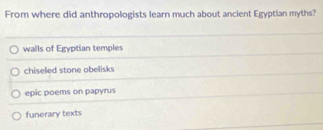 From where did anthropologists learn much about ancient Egyptian myths?
walls of Egyptian temples
chiseled stone obelisks
epic poems on papyrus
funerary texts